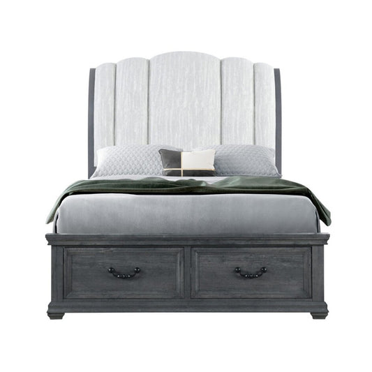 Gray Distressed Wood And Upholstery King Bed Frame With Drawers