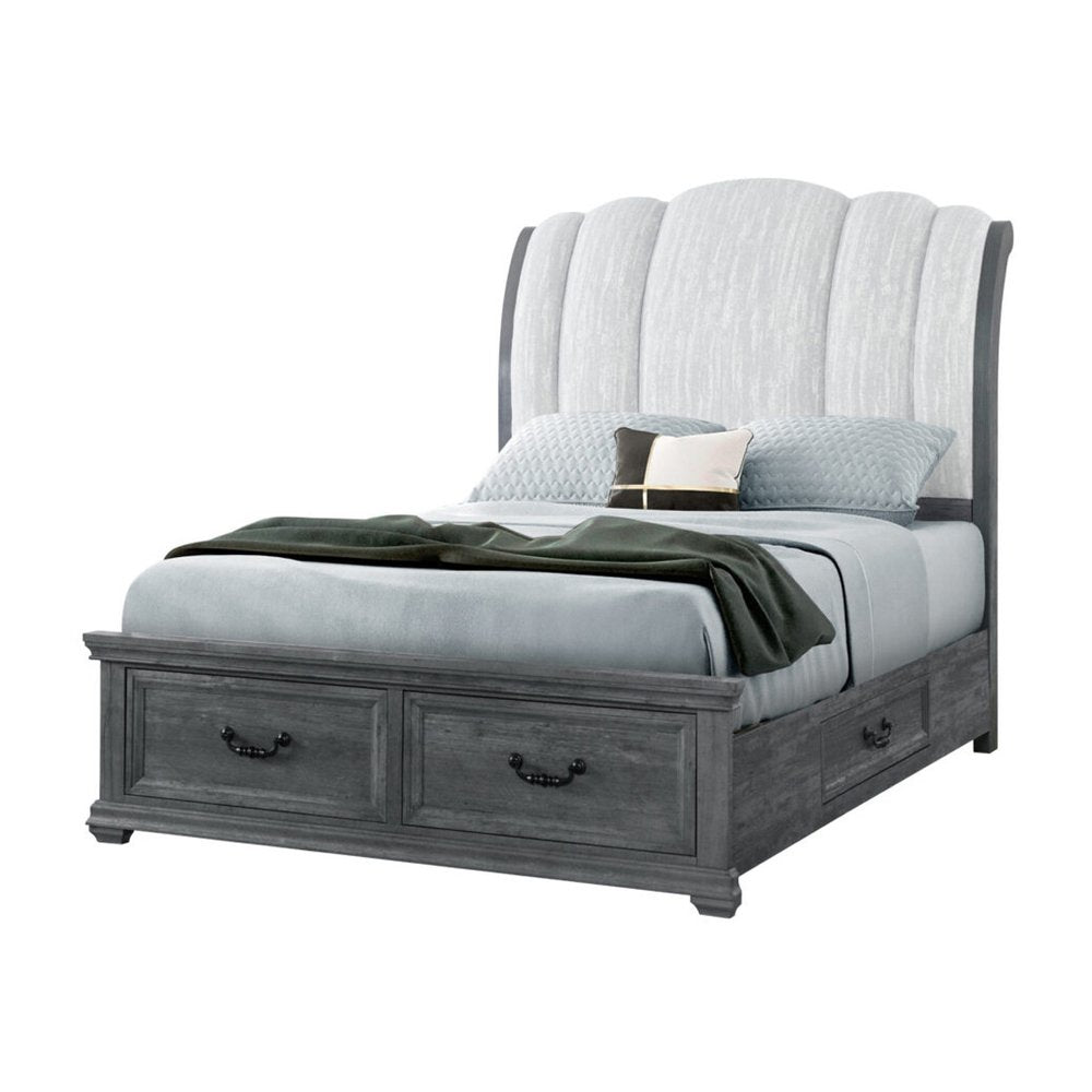 Gray Distressed Wood And Upholstery King Bed Frame With Drawers