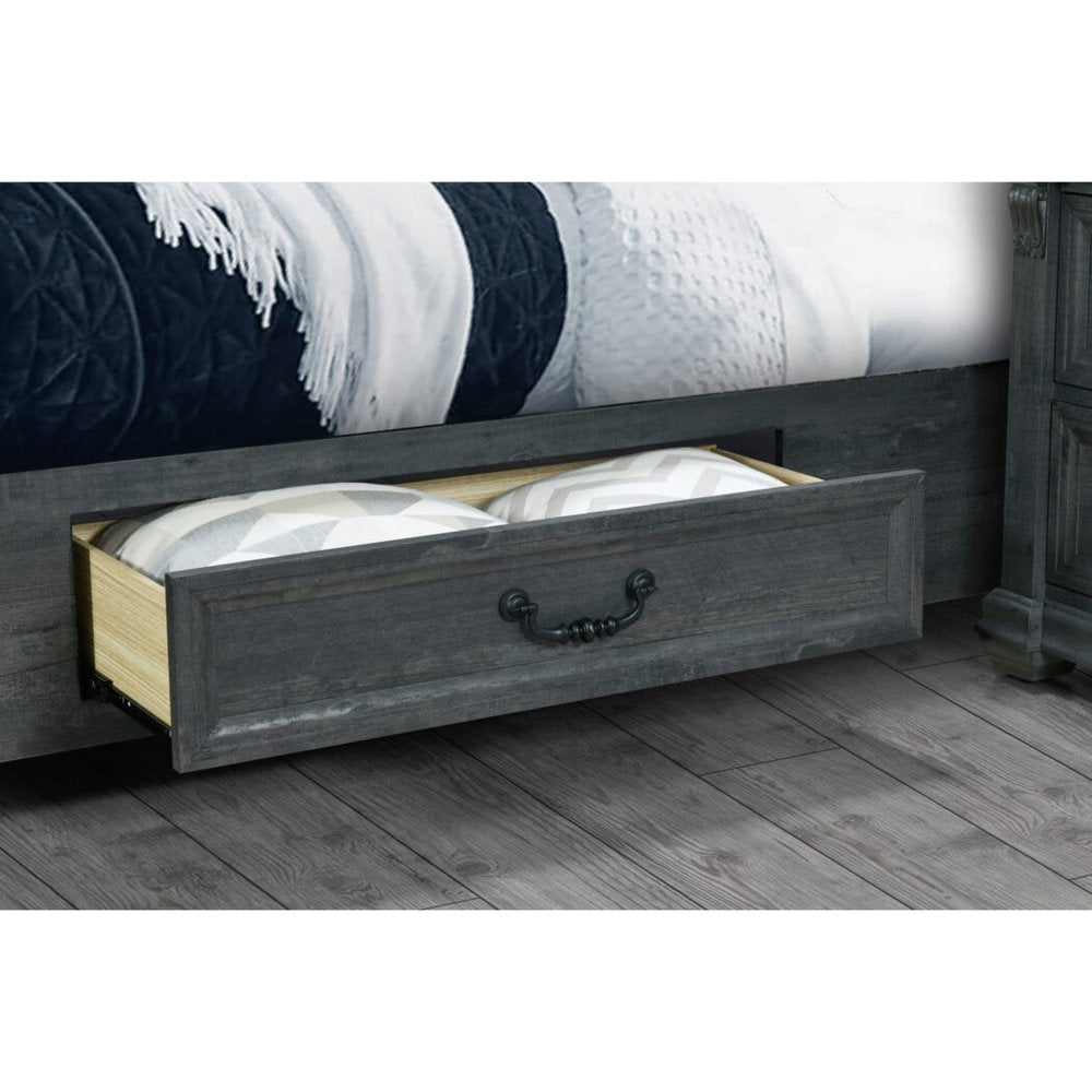 Gray Distressed Wood And Upholstery King Bed Frame With Drawers