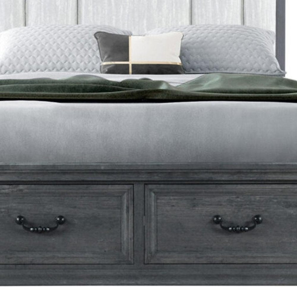 Gray Distressed Wood And Upholstery King Bed Frame With Drawers