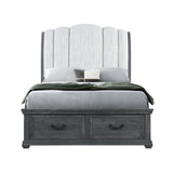 Gray Distressed Wood And Upholstery Queen Bed Frame With Drawers