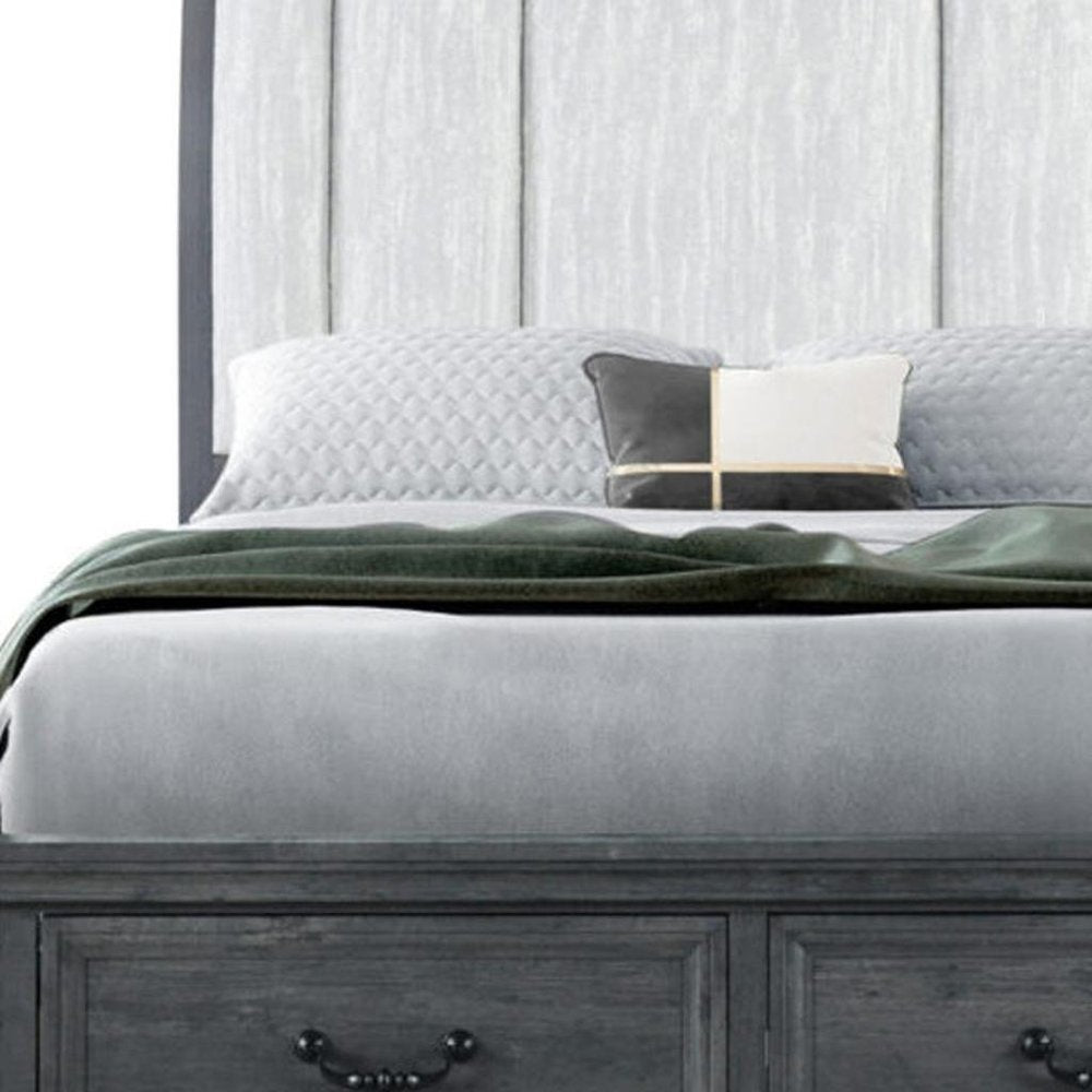 Gray Distressed Wood And Upholstery Queen Bed Frame With Drawers