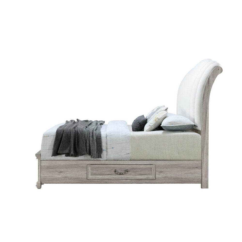 Natural and Light Gray Wood And Upholstery King Bed Frame With Drawers