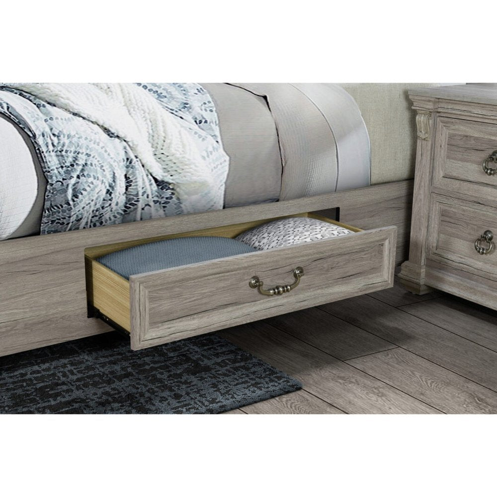 Natural and Light Gray Wood And Upholstery King Bed Frame With Drawers