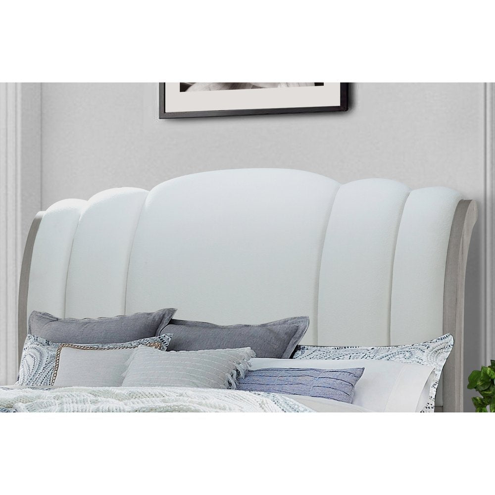 Natural and Light Gray Wood And Upholstery King Bed Frame With Drawers