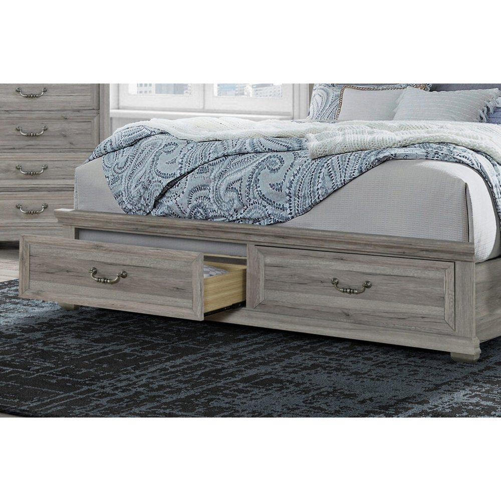 Natural and Light Gray Wood And Upholstery King Bed Frame With Drawers
