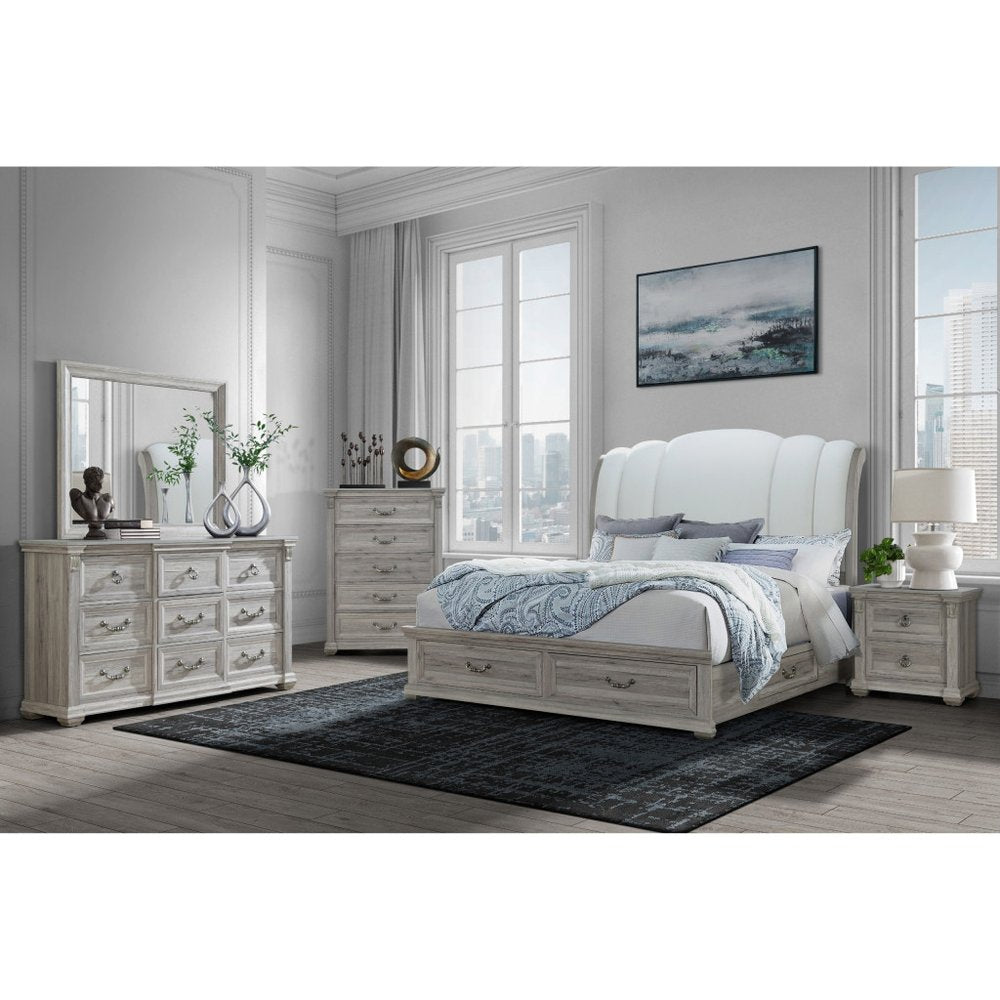 Natural and Light Gray Wood And Upholstery King Bed Frame With Drawers