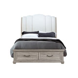 Natural and Light Gray Distressed Wood And Upholstery Queen Bed Frame With Drawers