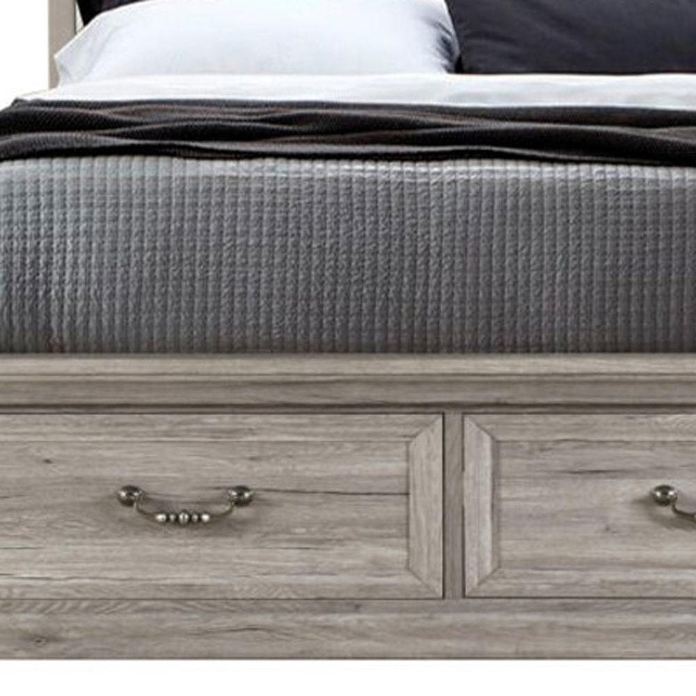 Natural and Light Gray Distressed Wood And Upholstery Queen Bed Frame With Drawers