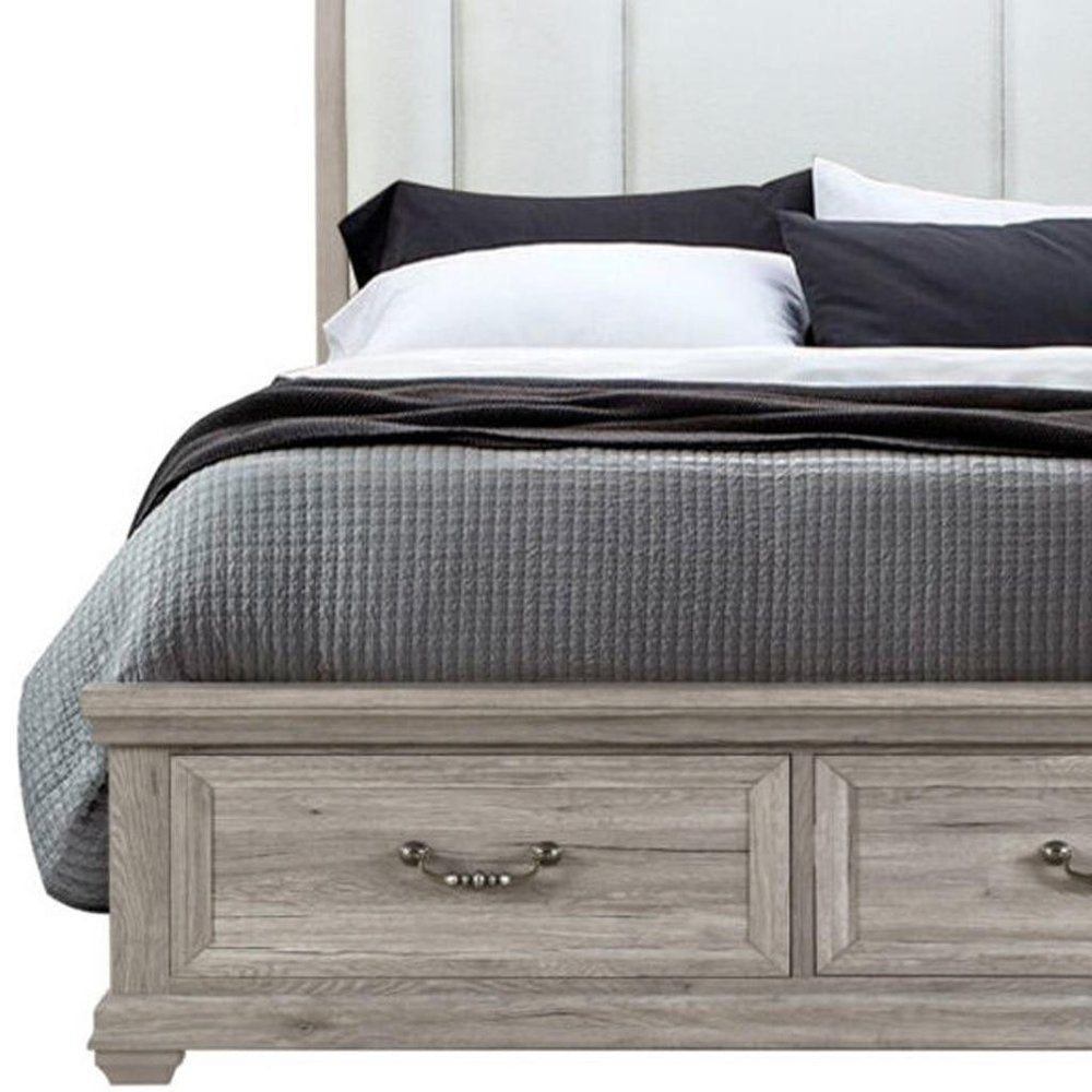 Natural and Light Gray Distressed Wood And Upholstery Queen Bed Frame With Drawers