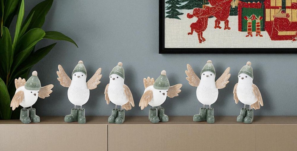 Set of Six White And Beige Resin Bird Figurine