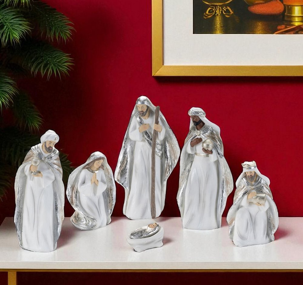 Set of Six White And Silver Resin Christmas Nativity Figurines