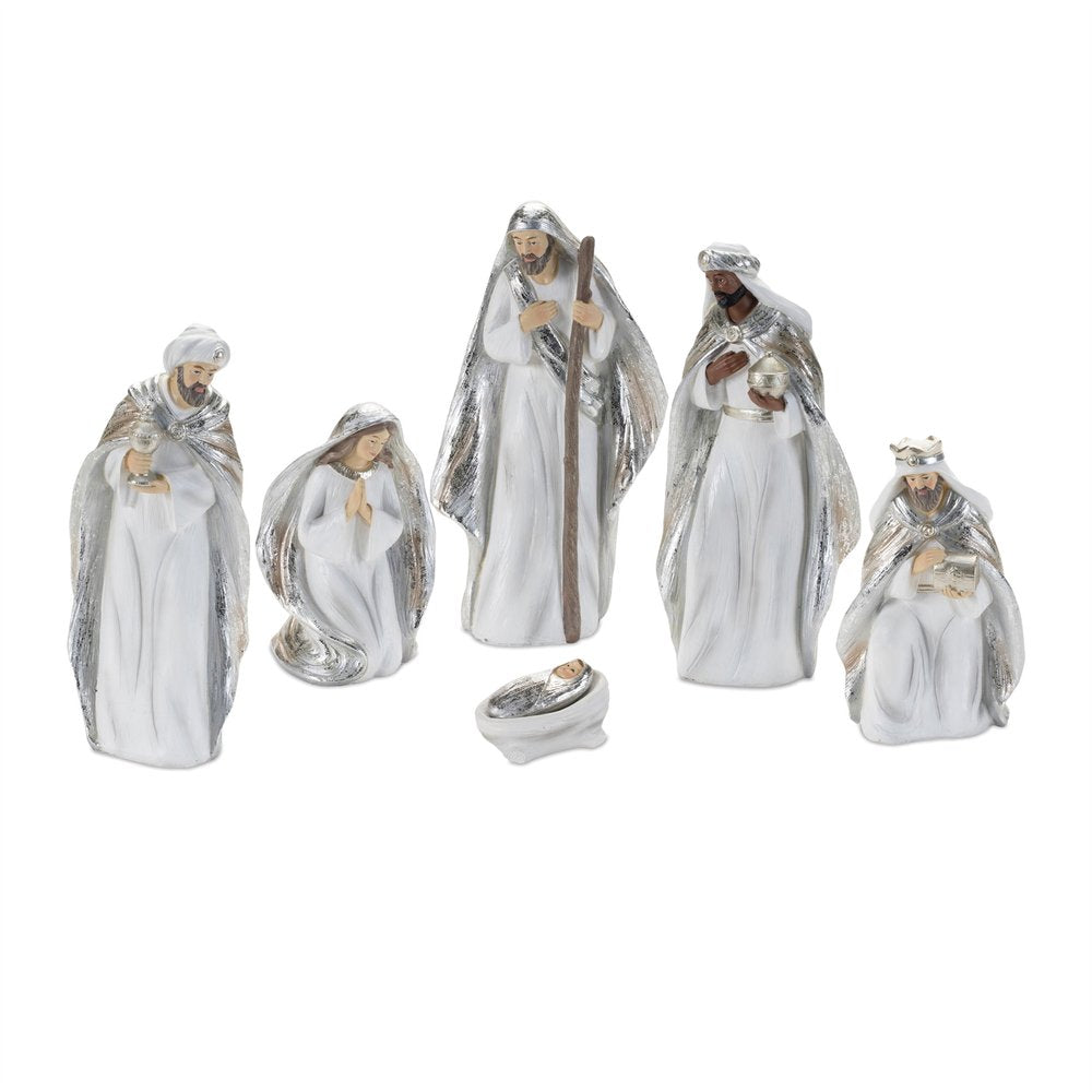Set of Six White And Silver Resin Christmas Nativity Figurines