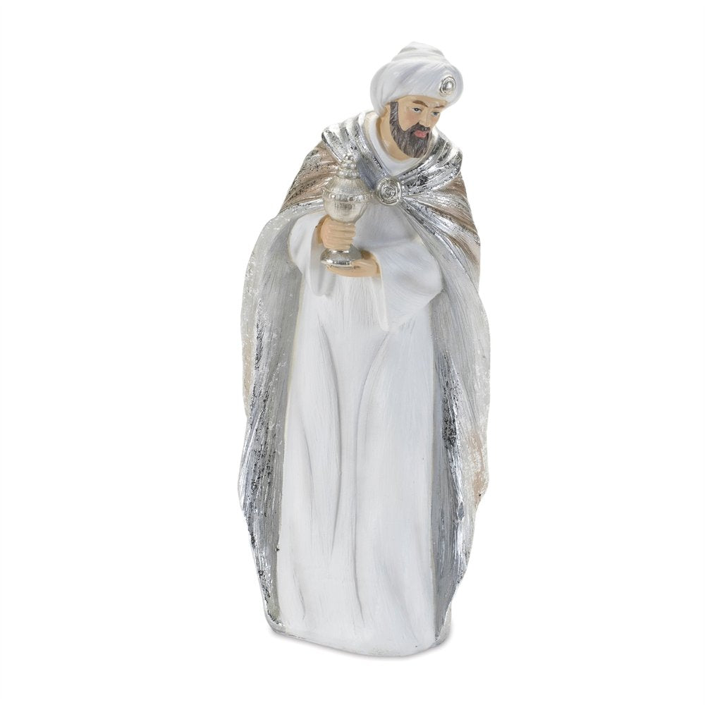 Set of Six White And Silver Resin Christmas Nativity Figurines