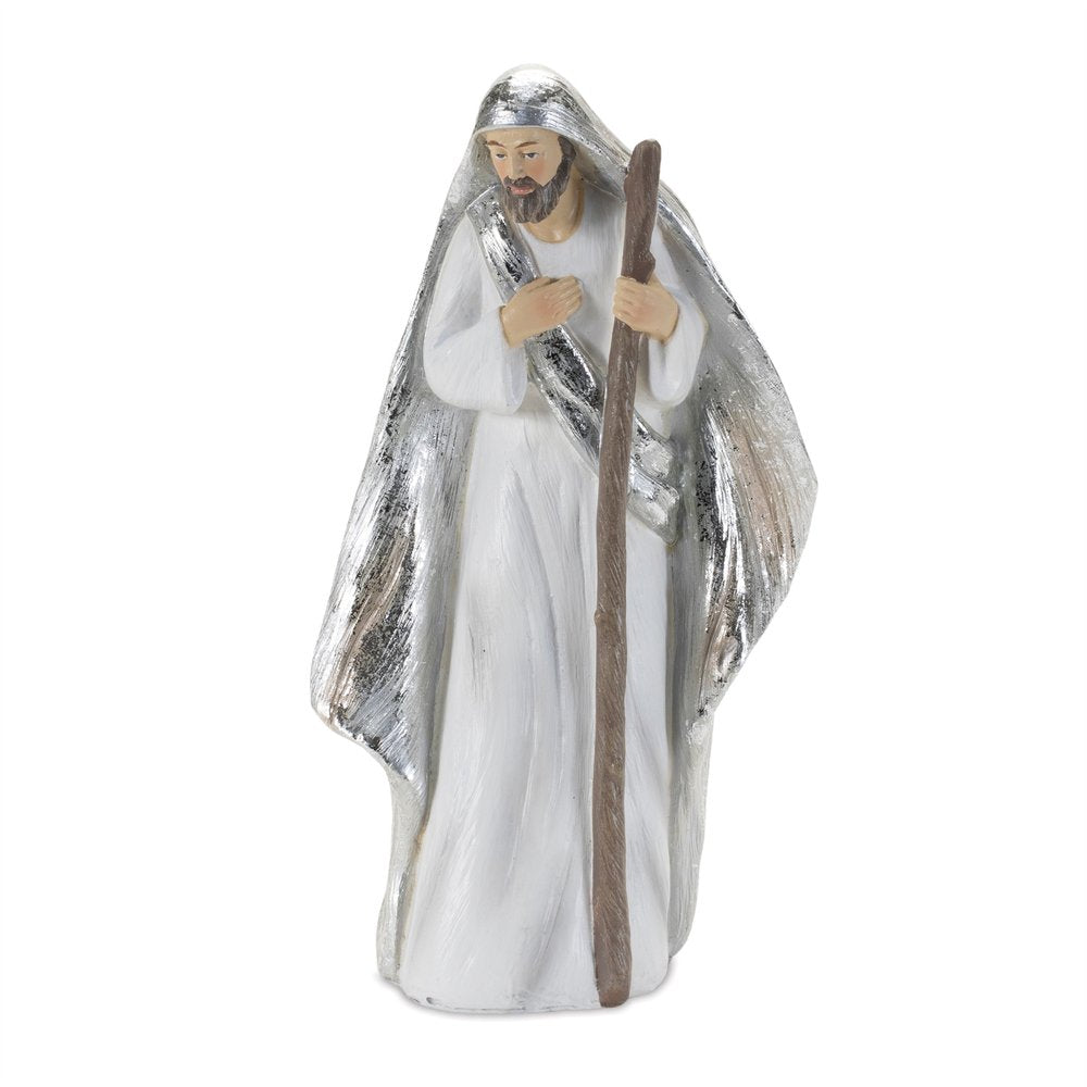 Set of Six White And Silver Resin Christmas Nativity Figurines