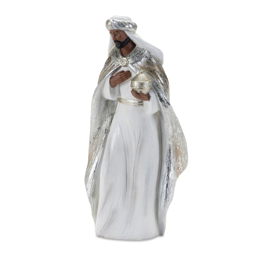 Set of Six White And Silver Resin Christmas Nativity Figurines