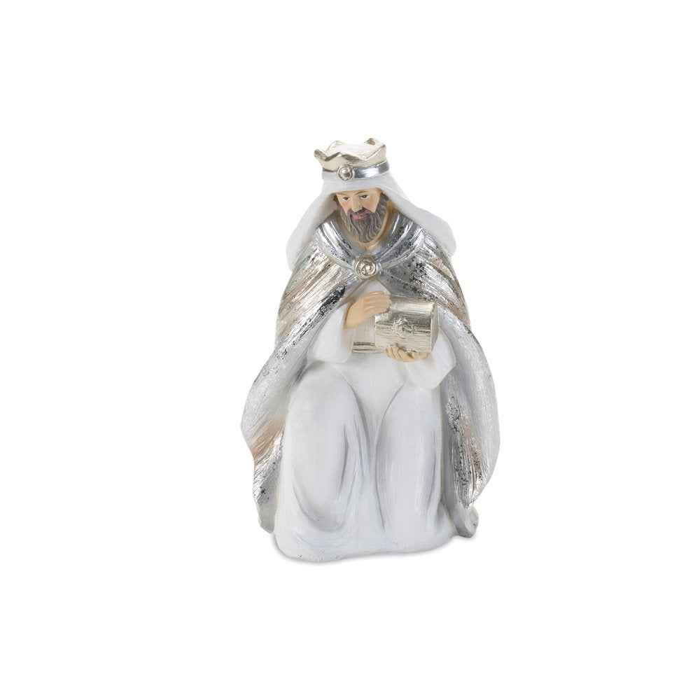 Set of Six White And Silver Resin Christmas Nativity Figurines