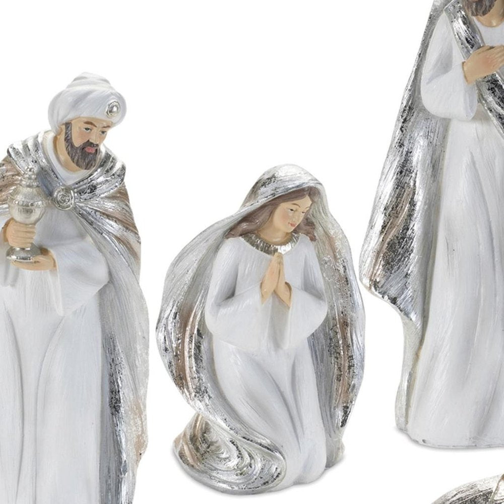 Set of Six White And Silver Resin Christmas Nativity Figurines