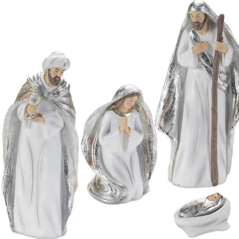 Set of Six White And Silver Resin Christmas Nativity Figurines