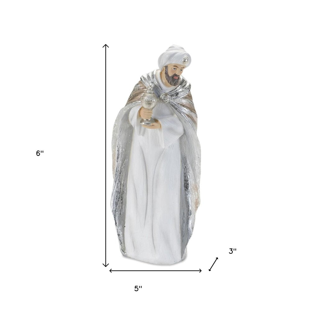 Set of Six White And Silver Resin Christmas Nativity Figurines
