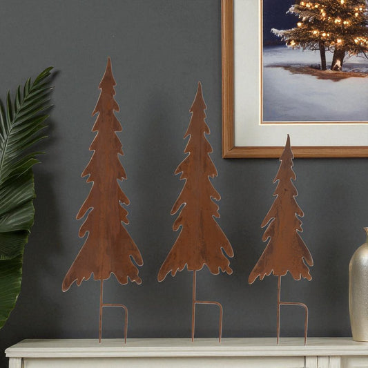 Set of Three Brown Iron Trees Christmas Christmas Trees Tabletop Sculpture