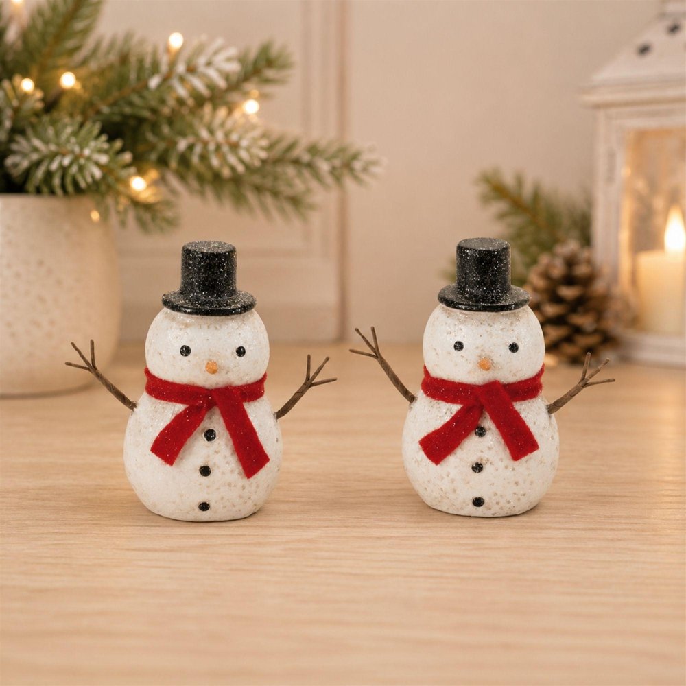Set of Six White And Red Fabric Christmas Snowman Figurine