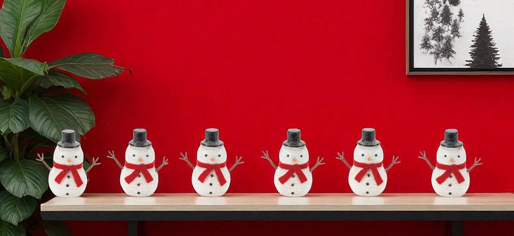 Set of Six White And Red Fabric Christmas Snowman Figurine