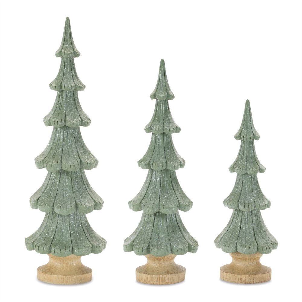 Set of Three Green And Natural Resin Glitter Christmas Tree Sculptures