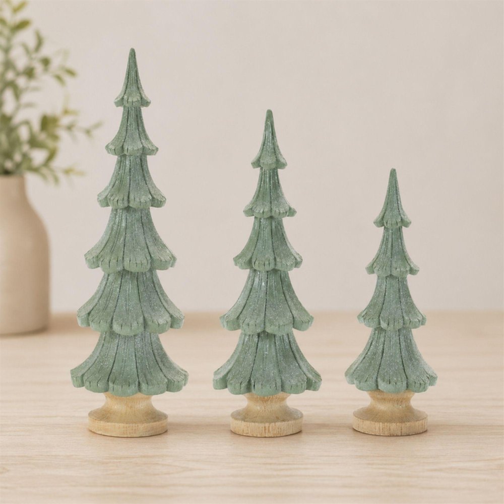 Set of Three Green And Natural Resin Glitter Christmas Tree Sculptures
