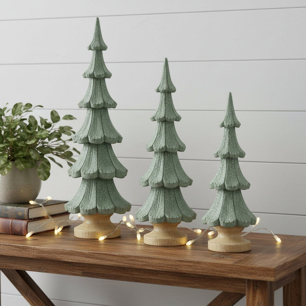 Set of Three Green And Natural Resin Glitter Christmas Tree Sculptures