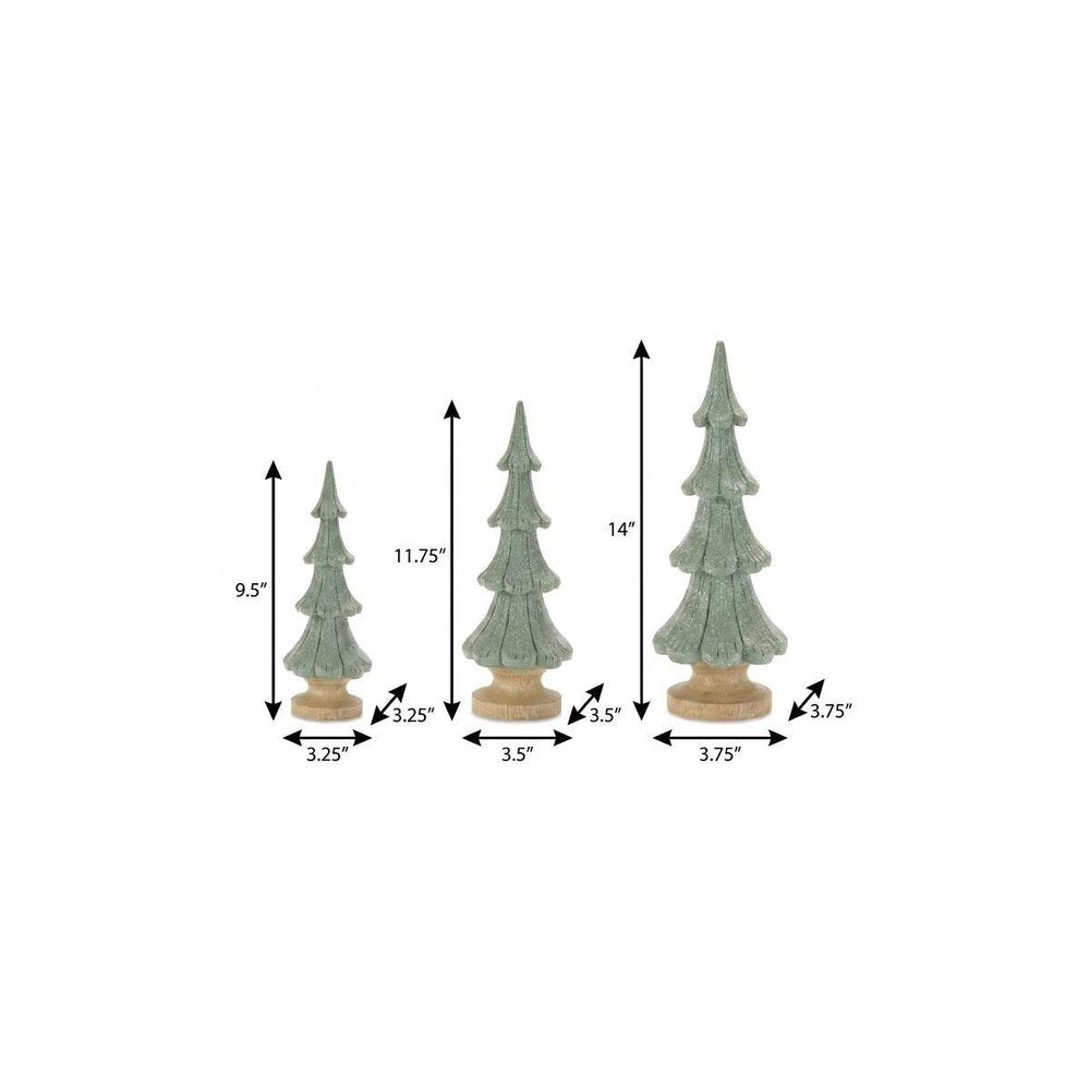 Set of Three Green And Natural Resin Glitter Christmas Tree Sculptures