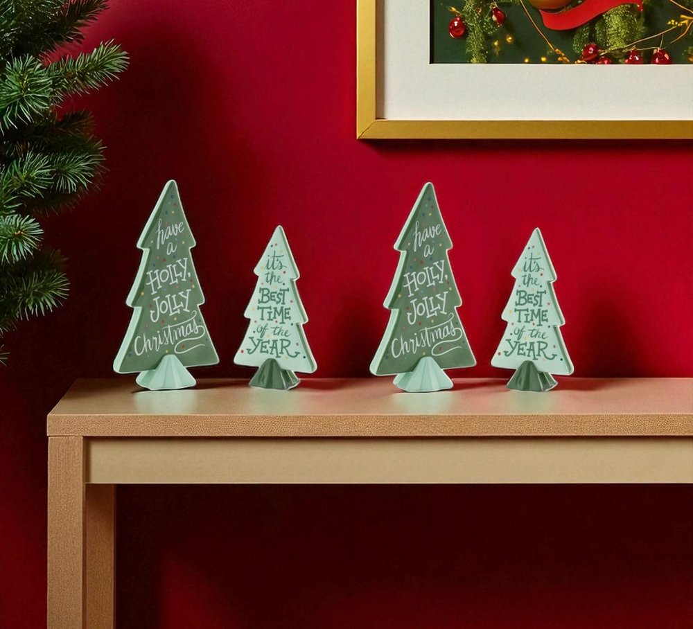 Set of Four Green Ceramic Trees Christmas Christmas Tree Tabletop Sculpture