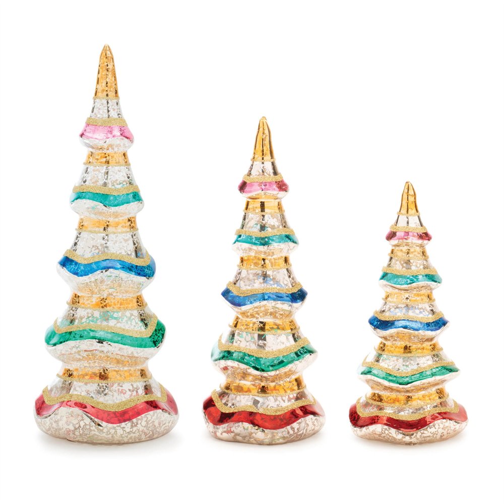 Set of Three Silver Gold Red And Green Mercury Glass Christmas Tree Sculptures