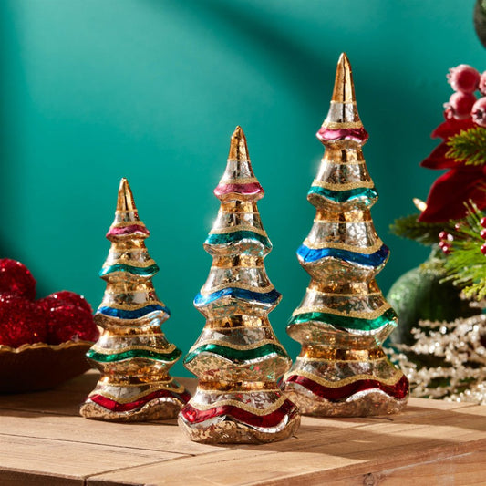 Set of Three Silver Gold Red And Green Mercury Glass Christmas Tree Sculptures