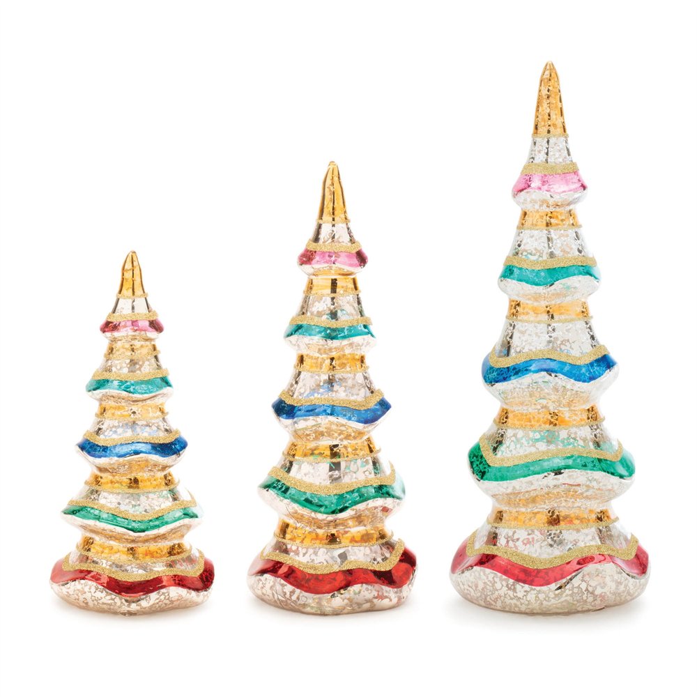 Set of Three Silver Gold Red And Green Mercury Glass Christmas Tree Sculptures