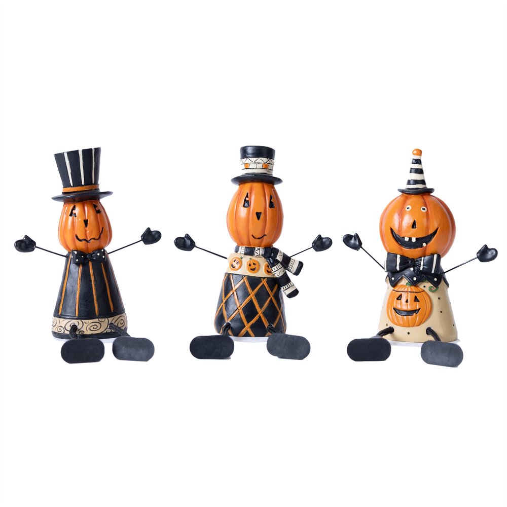 Set of Three Orange And Black Polyresin Halloween Jack-O-Lantern Figurine