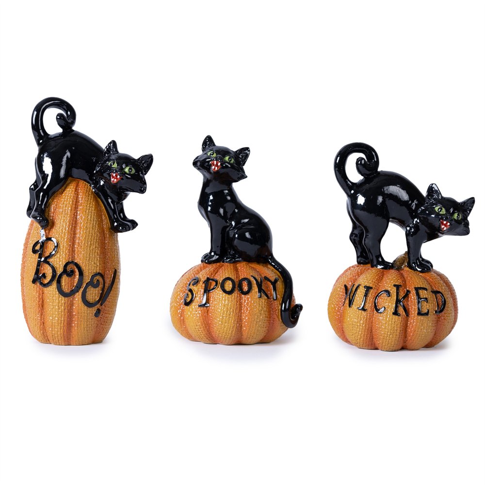 Set of Three Black And Orange Polyresin Halloween Black Cat Figurines