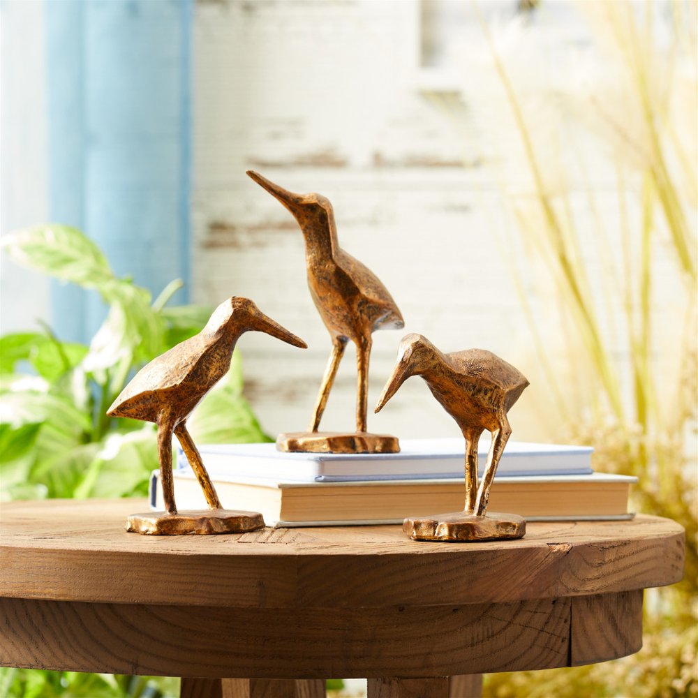 Set of Three Brown And Gold Polyresin Bird Figurine