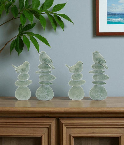 Set of Four Green Polyresin Bird Figurine