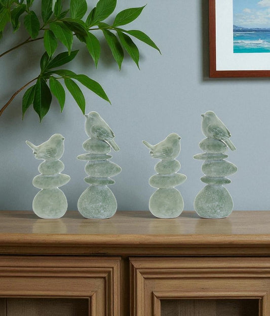 Set of Four Green Polyresin Bird Figurine