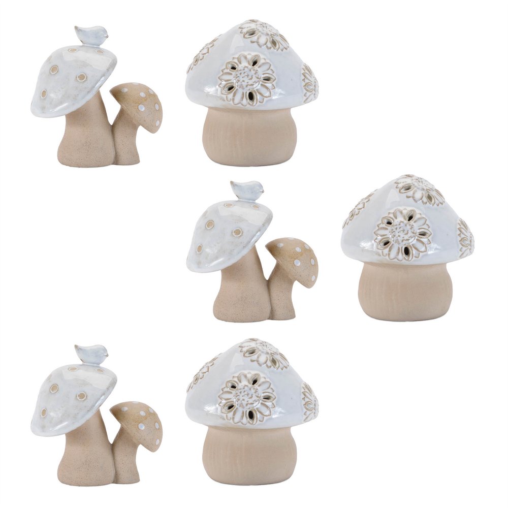 Set of Six Beige And Gray Porcelain Mushroom Tabletop Sculpture