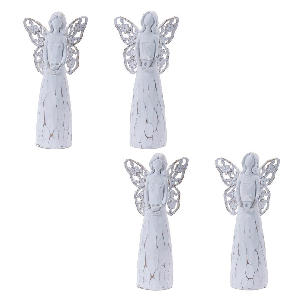 Set of Four White Polyresin Floral Wing Angel Figurines