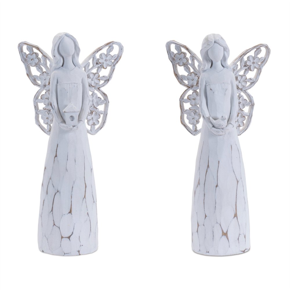 Set of Four White Polyresin Floral Wing Angel Figurines