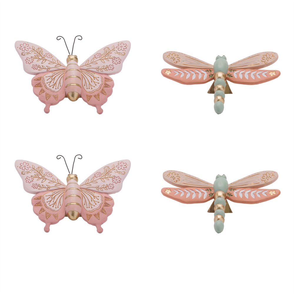 Set of Four Pink And Green Polyresin Butterfly And Dragonfly Figurines