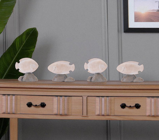 Set of Four Beige And Gray Polyresin Fish Tabletop Sculpture