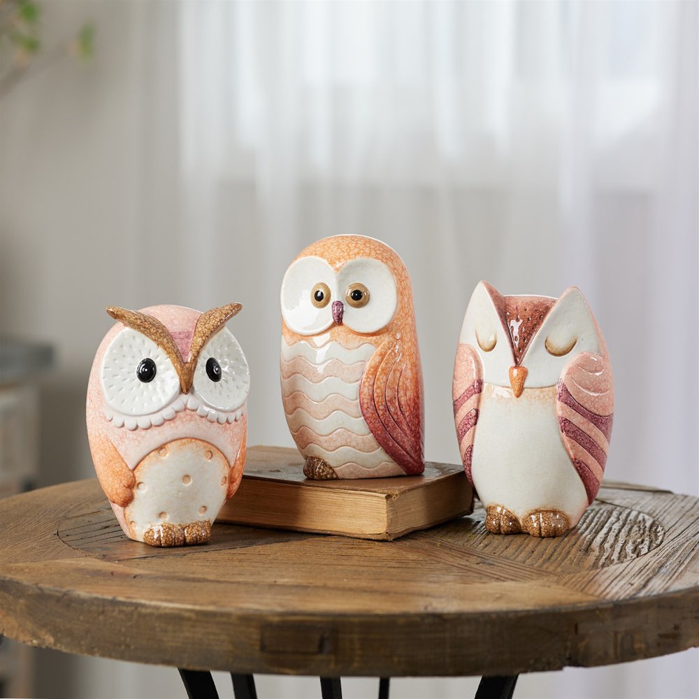 Set of Three Pink And Beige Terracotta Owl Figurines