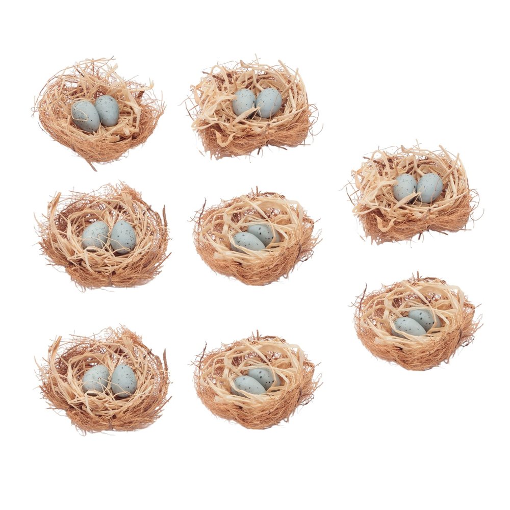 Set of Eight Brown And Blue Decorative Birds Nests With Eggs Sculptures