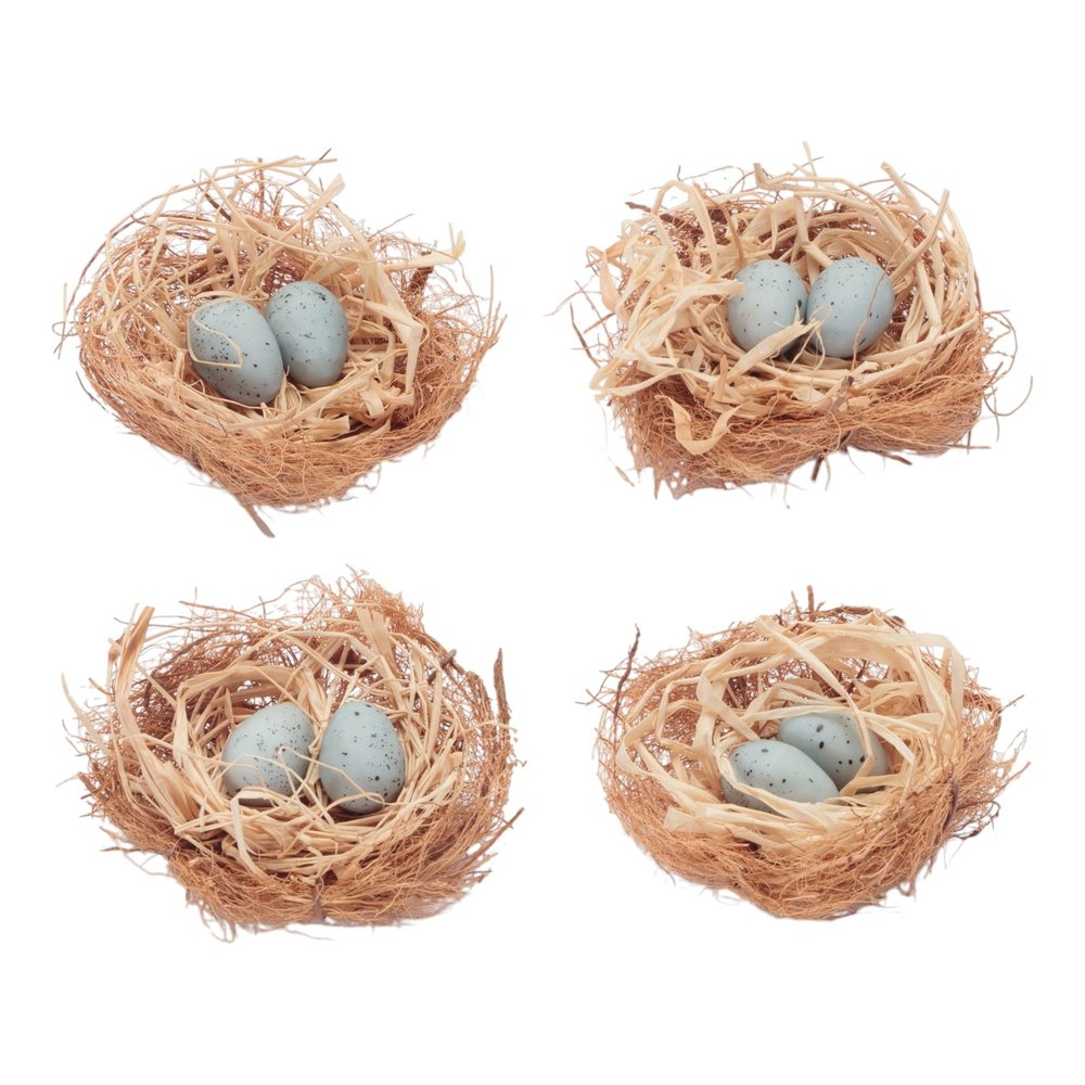 Set of Eight Brown And Blue Decorative Birds Nests With Eggs Sculptures