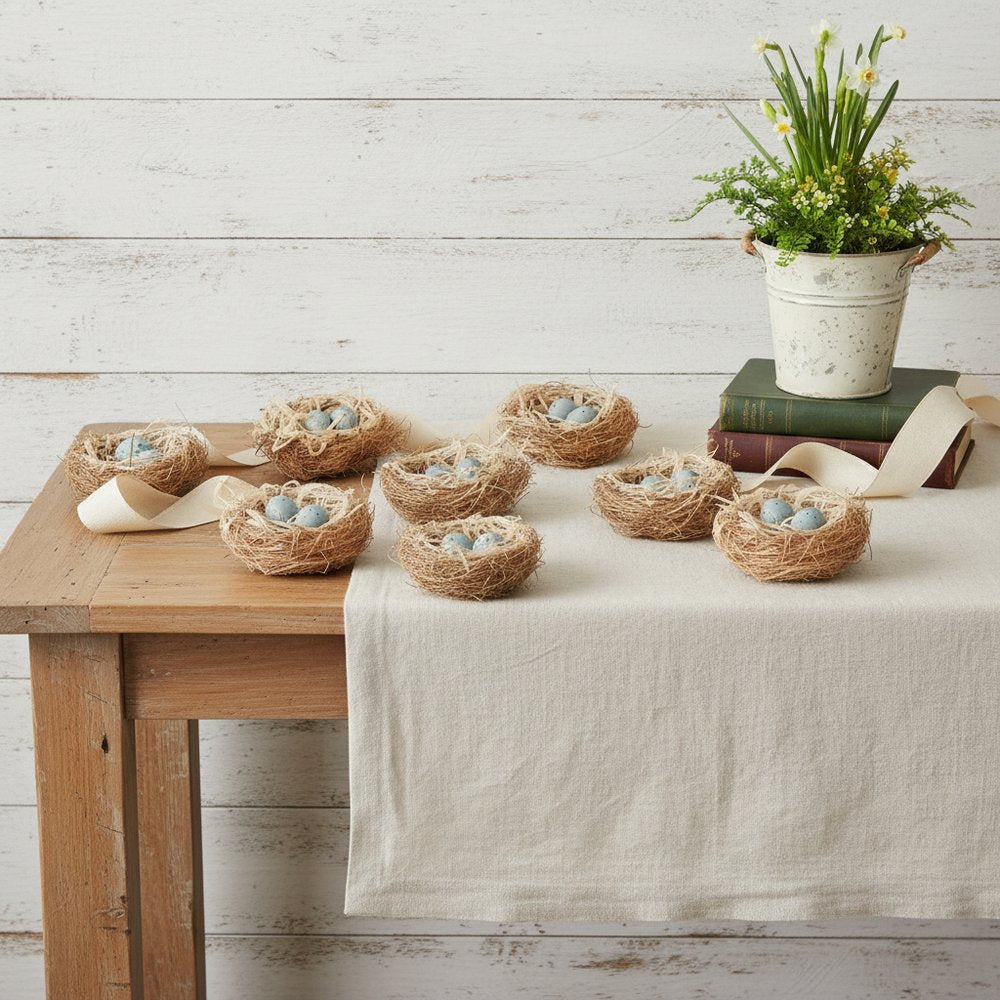 Set of Eight Brown And Blue Decorative Birds Nests With Eggs Sculptures