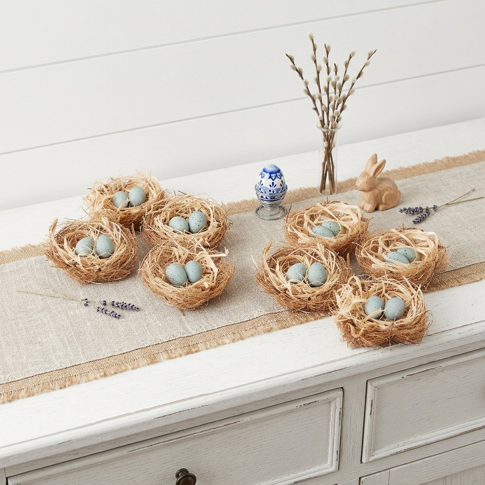 Set of Eight Brown And Blue Decorative Birds Nests With Eggs Sculptures